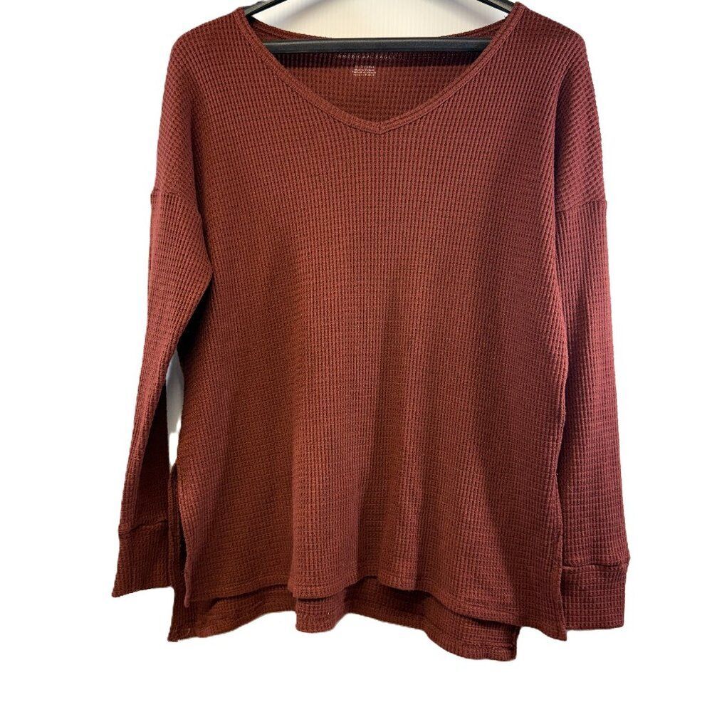 American Eagle Waffle Knit V‑Neck Top Women’s XS Long Sleeve